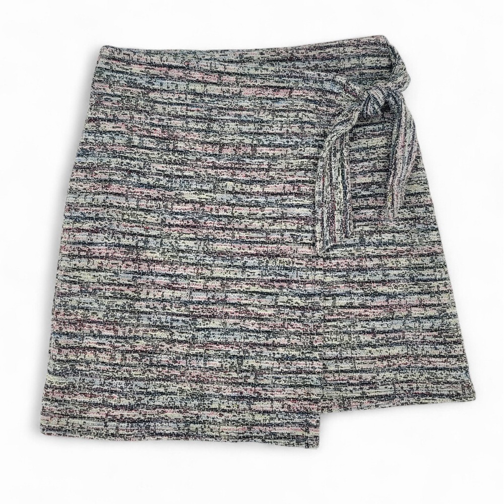 LOFT Wrap Mini Skirt Tweed Texture Small NWOT Side Tie Pastel Black Blue Pink‎